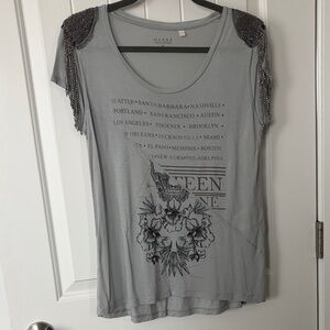 Guess Gray Graphic Tee with Embellished Shoulders